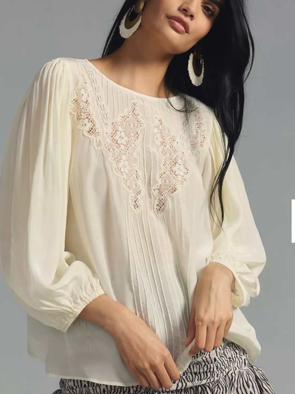 FARM Rio Cream Lace Pintuck Peasant Blouse